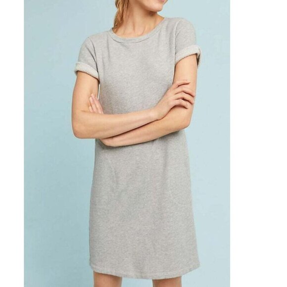 Anthropologie Mini Sweatshirt Dress Medium Gray Cotton Short Sleeve Cloth Stone - Picture 3 of 8